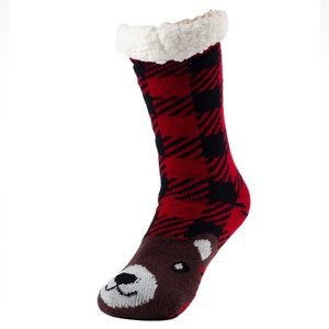 Treehouse Knits Bear Red Plaid Lounge Socks